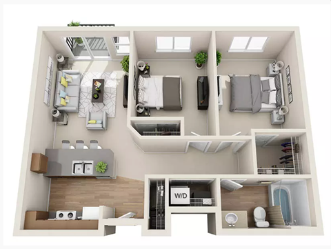 Floor plan for 2 beds, 1 bath, 822 sqft